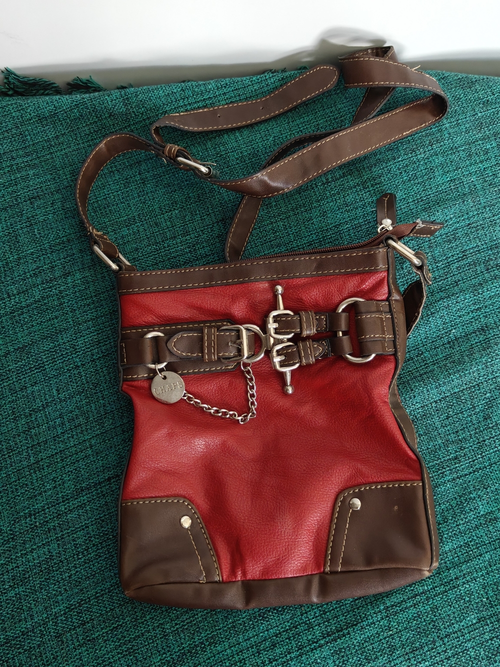 Chaps Red and Brown Leather Crossbody Bag with Buckle Detail
